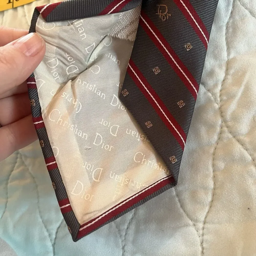Christian Dior Paris New York 100% Silk Neck Tie Red Pewter Diagonal Stripe EUC